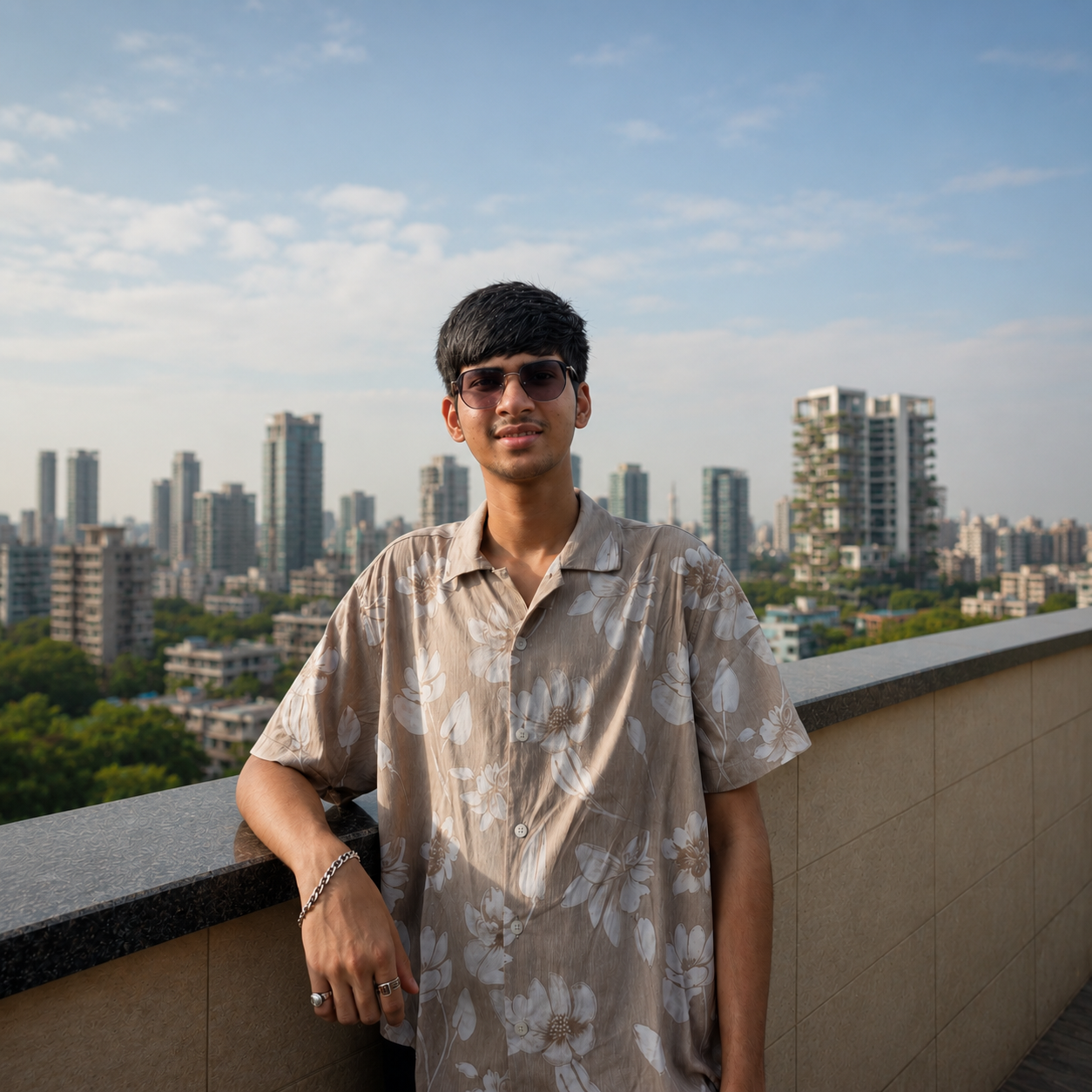 Atharva Patil — head-and-shoulders portrait, navy shirt, warm indoor setting with a wooden shelf and plant in the background.