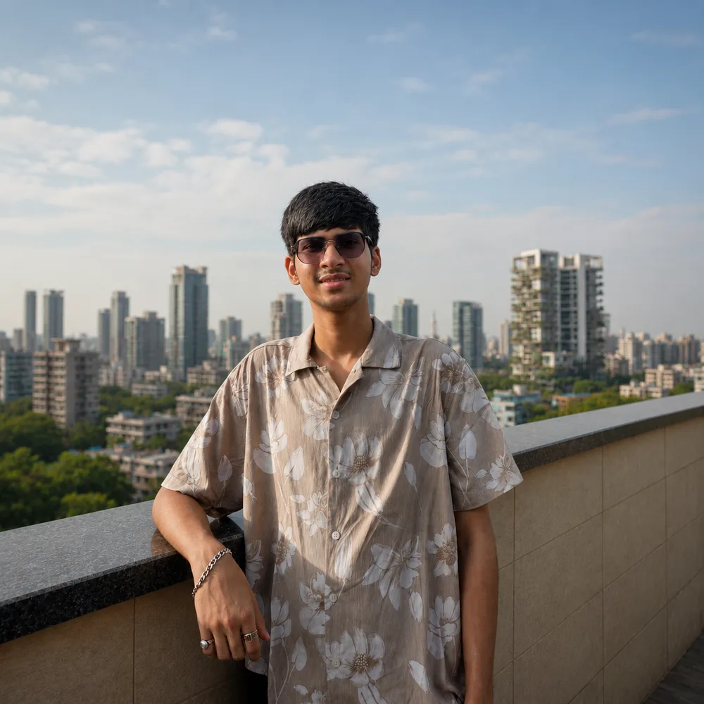 Atharva Patil — head-and-shoulders portrait, navy shirt, warm indoor setting with a wooden shelf and plant in the background.