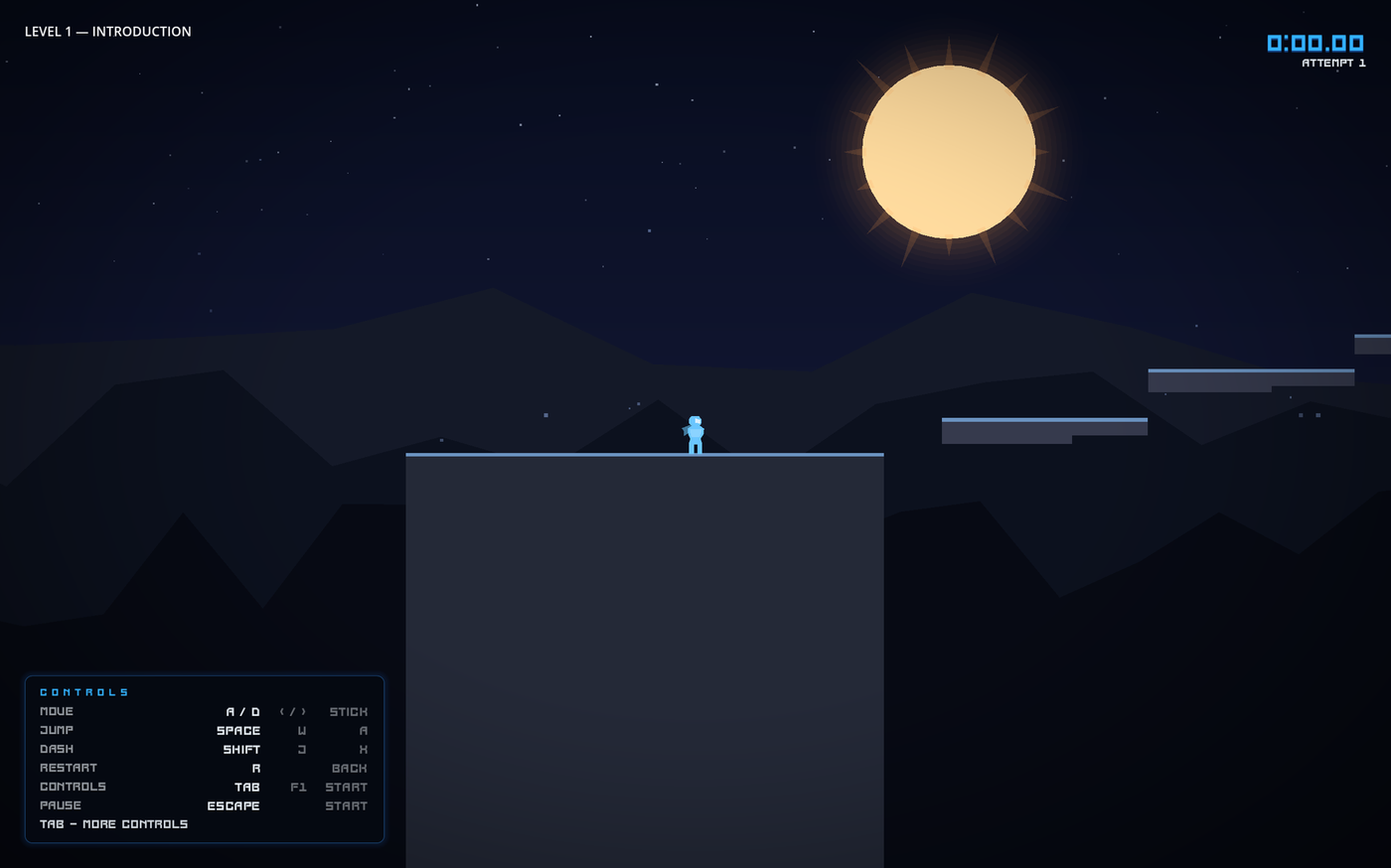Project Ascent — Level 1, Act I Introduction. Player silhouette standing on a starting platform beneath a large rising sun against a night sky, HUD showing run timer top-right.