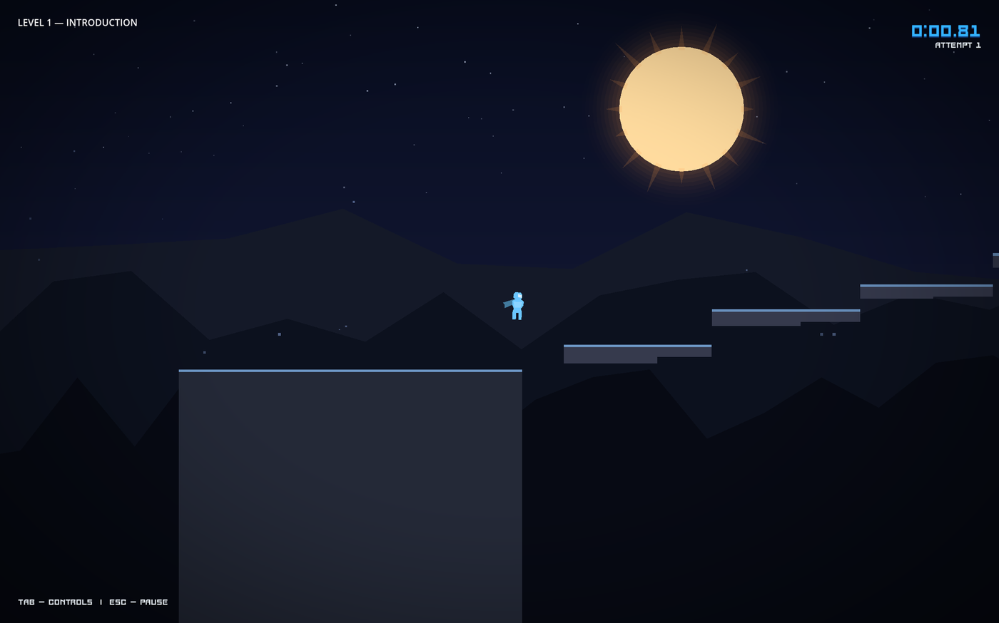 Project Ascent — player mid-air between two floating platforms in Level 1, run timer reading 0:00.81, second attempt underway.