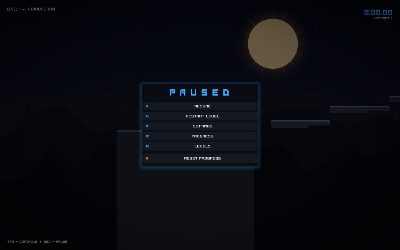 Project Ascent — pause menu with a glowing neon panel, listing Resume, Restart Level, Settings, Progress, Levels, and Reset Progress. No Quit to Desktop option on the web build.