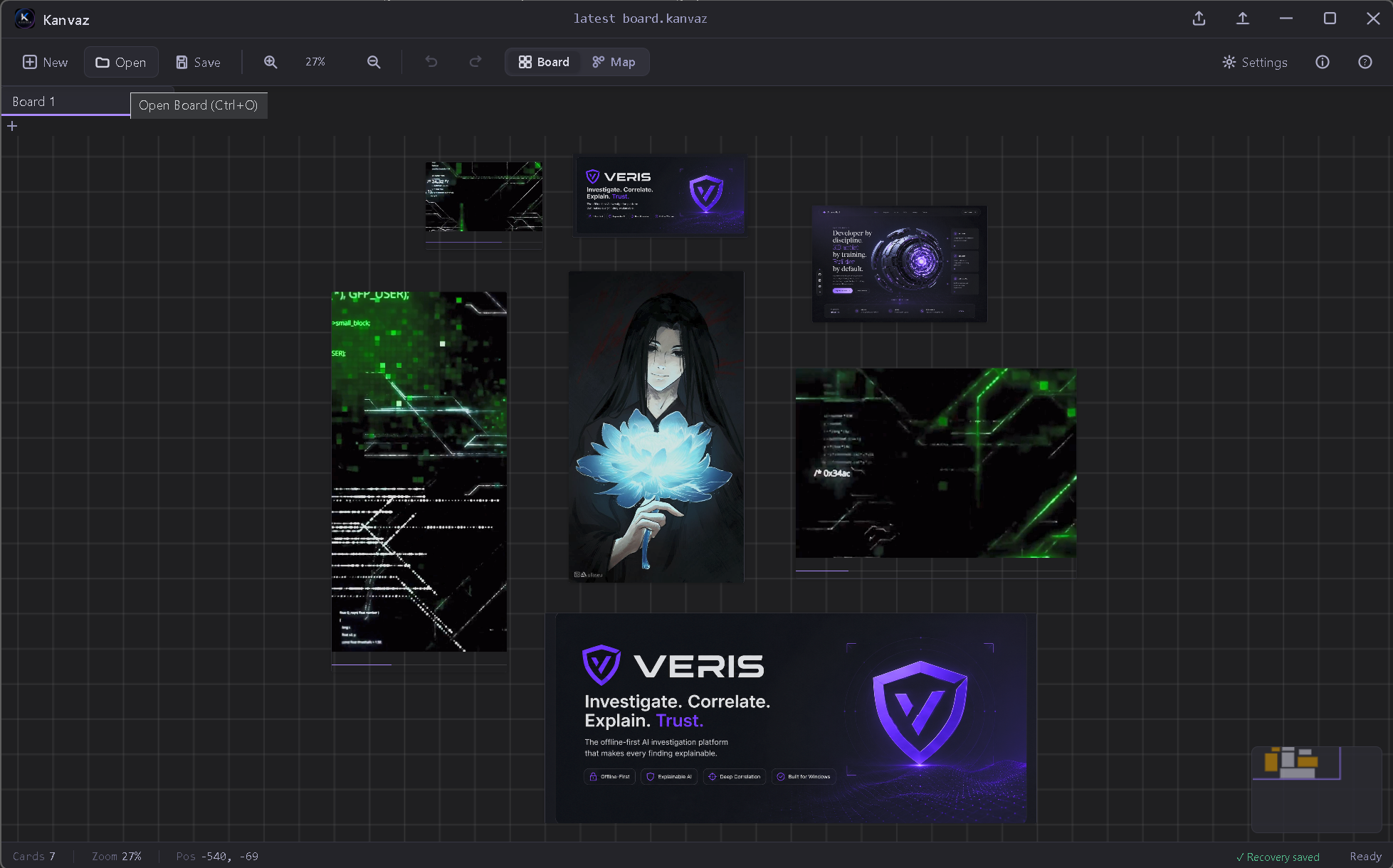 Kanvaz board view — seven reference cards on an infinite grid canvas: character concept art, code excerpts, VFX shield artwork, glitch/matrix backgrounds, and typed connection lines between related items.