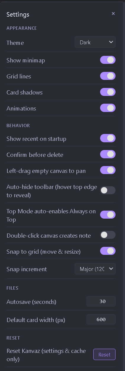 Kanvaz Settings panel — Appearance section with theme, minimap, grid lines, card shadows, animations, snap-to-grid, and autosave toggles.