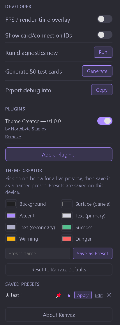 Kanvaz Settings panel — Developer section with FPS overlay, diagnostics, generate test cards, and the Theme Creator plugin (v1.0.0) enabled with color pickers for background, surface, accent, and text.