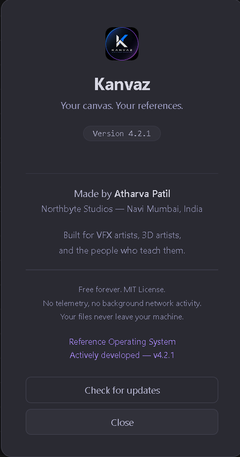 Kanvaz About dialog — v4.2.1 build shown here; v4.2.2 is the current shipping version. Reads 'Your canvas. Your references. Made by Atharva Patil, Northbyte Studios. Built for VFX artists, 3D artists, and the people who teach them.'