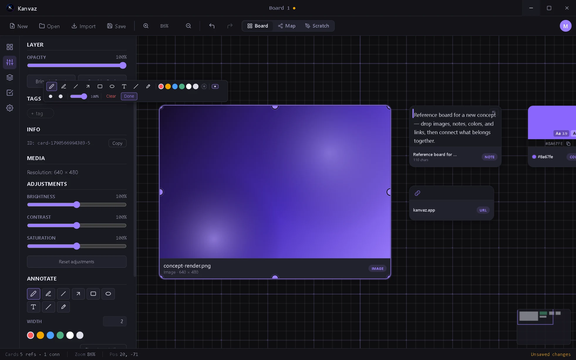 Kanvaz side panel Properties section with the Annotate toolbar open on an image card.