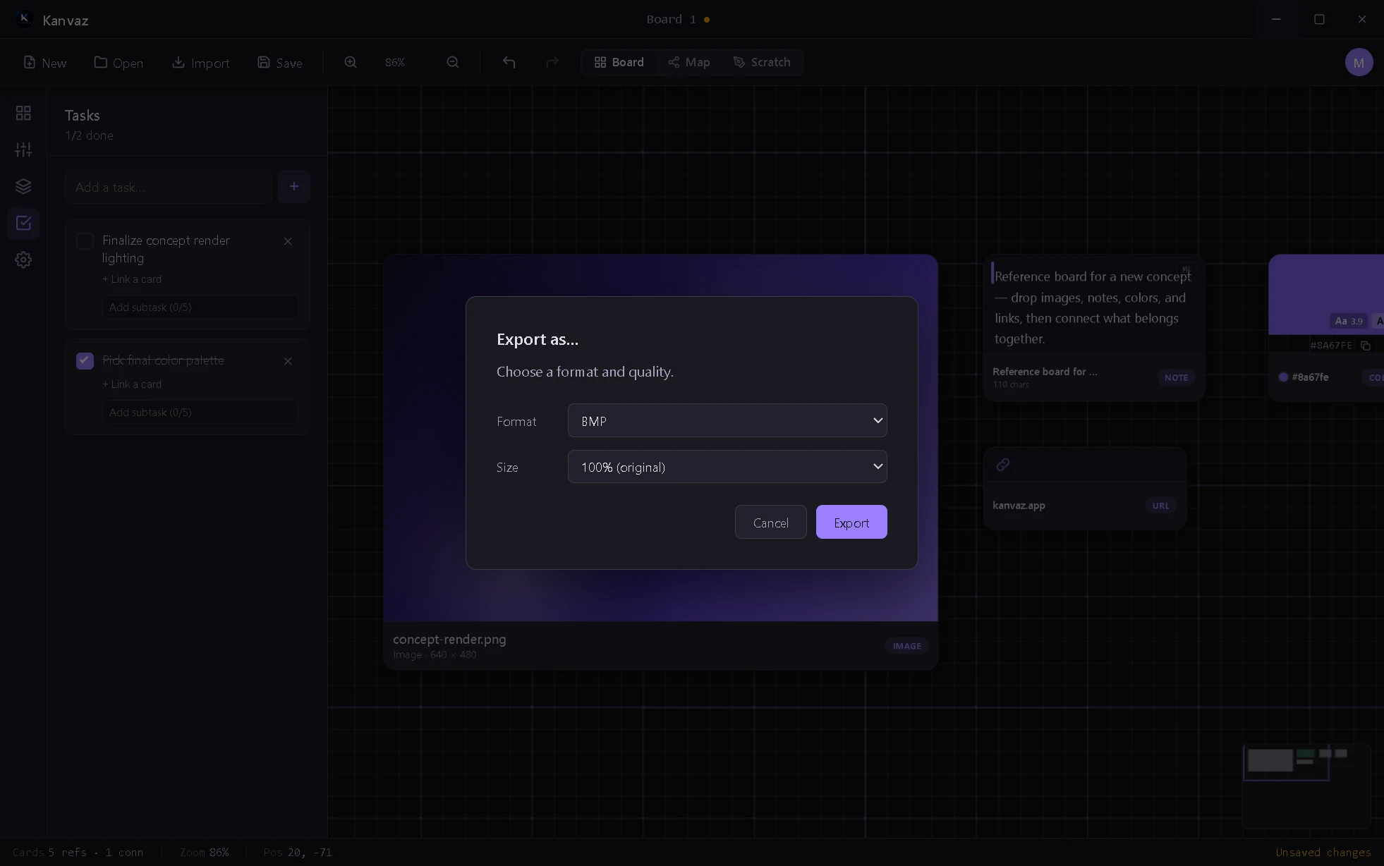 Kanvaz Export as… dialog — format (PNG/JPEG/WEBP/BMP), quality, and size.
