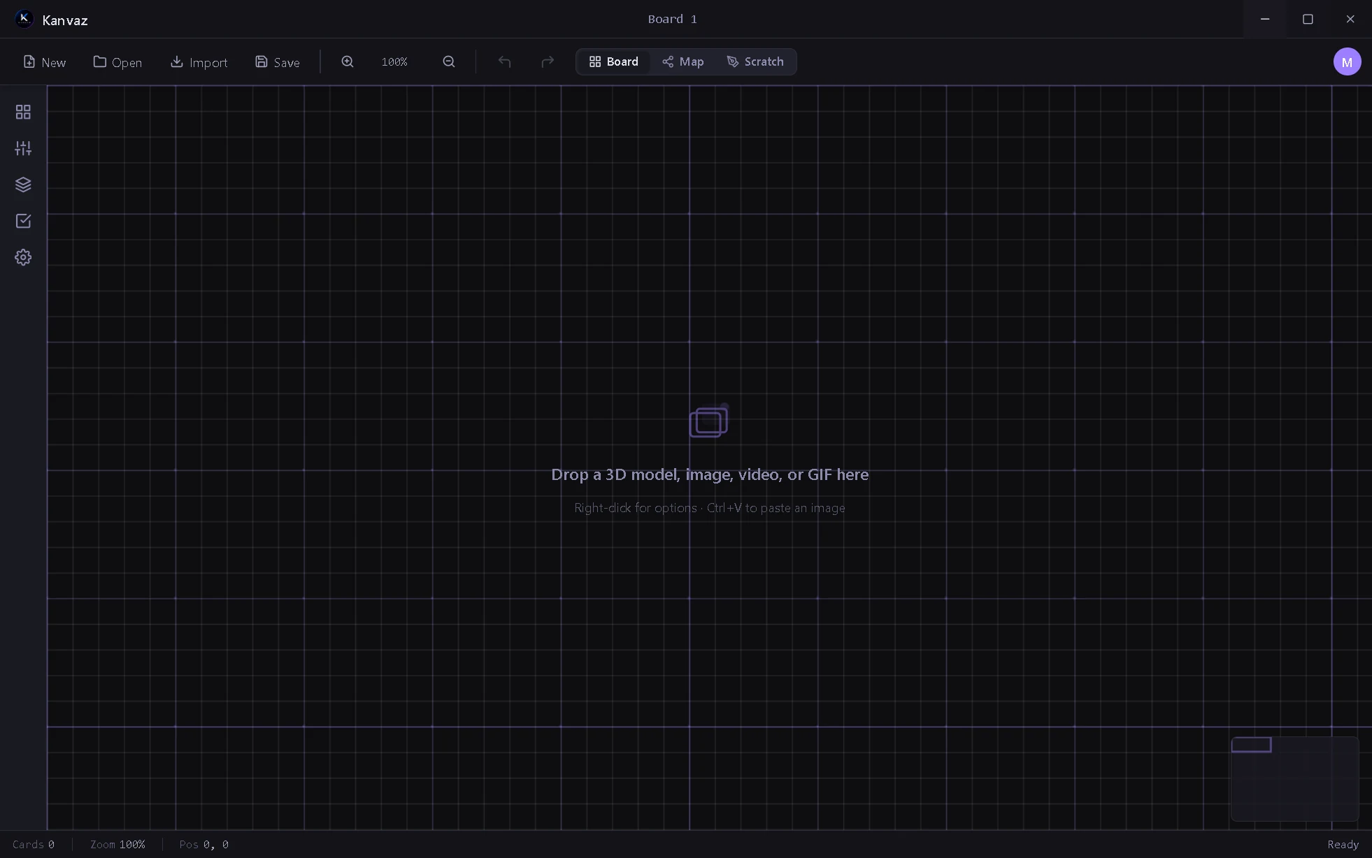 Kanvaz Home Screen — first-launch welcome overlay with Drop any file, Right-click, and shortcuts pointers.