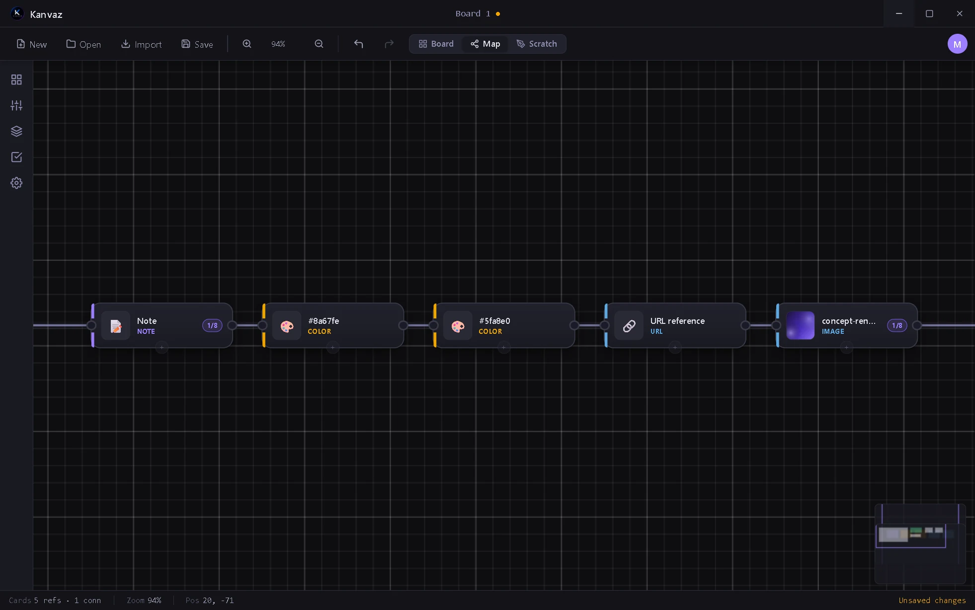 Kanvaz Map View — node-editor-style graph of cards, color-coded by type, with connection ports.
