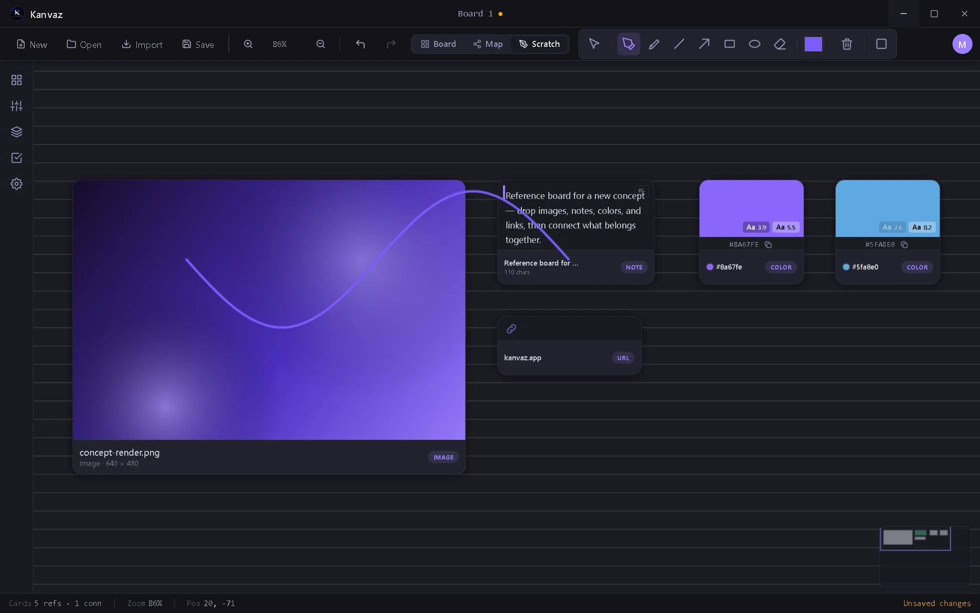 Kanvaz Scratch Board — an Illustrator-style drawing layer over the board, pen tool, custom toolbar.