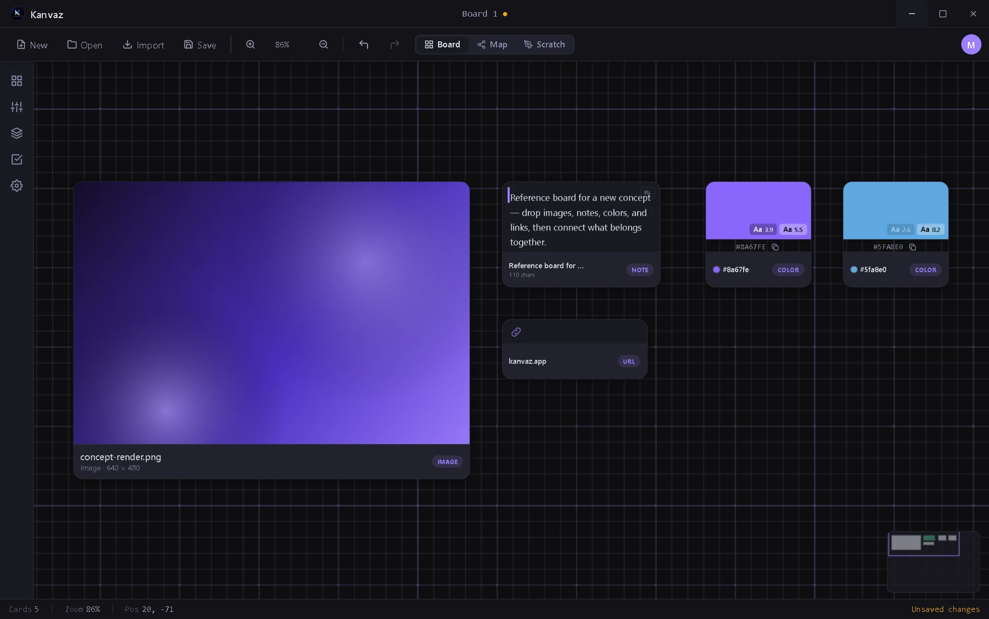 Kanvaz reference board in the dark theme: image, note, color and URL cards with a Related To connection.