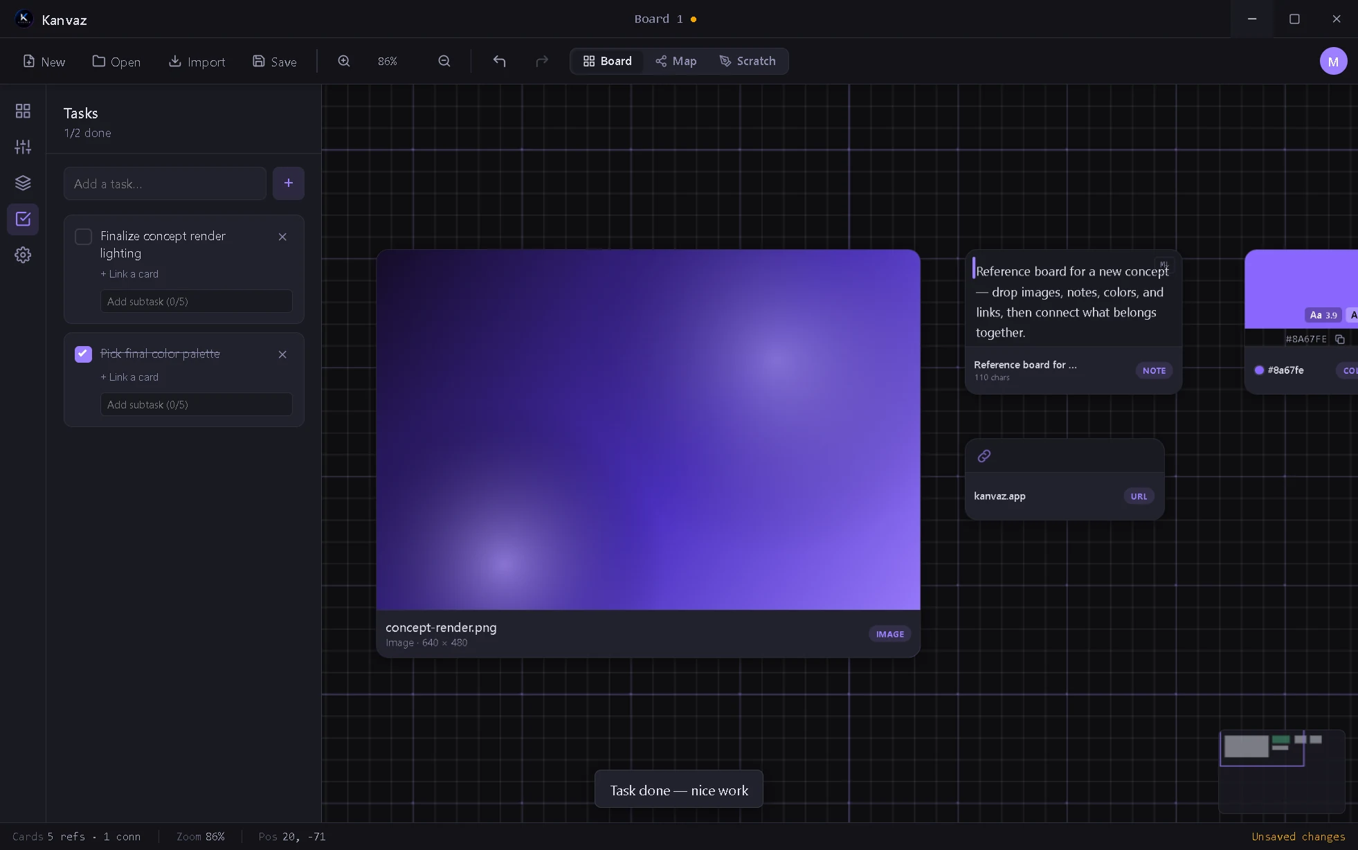 Kanvaz Task Tracker side panel section — tasks with subtasks, progress, and a completion toast.