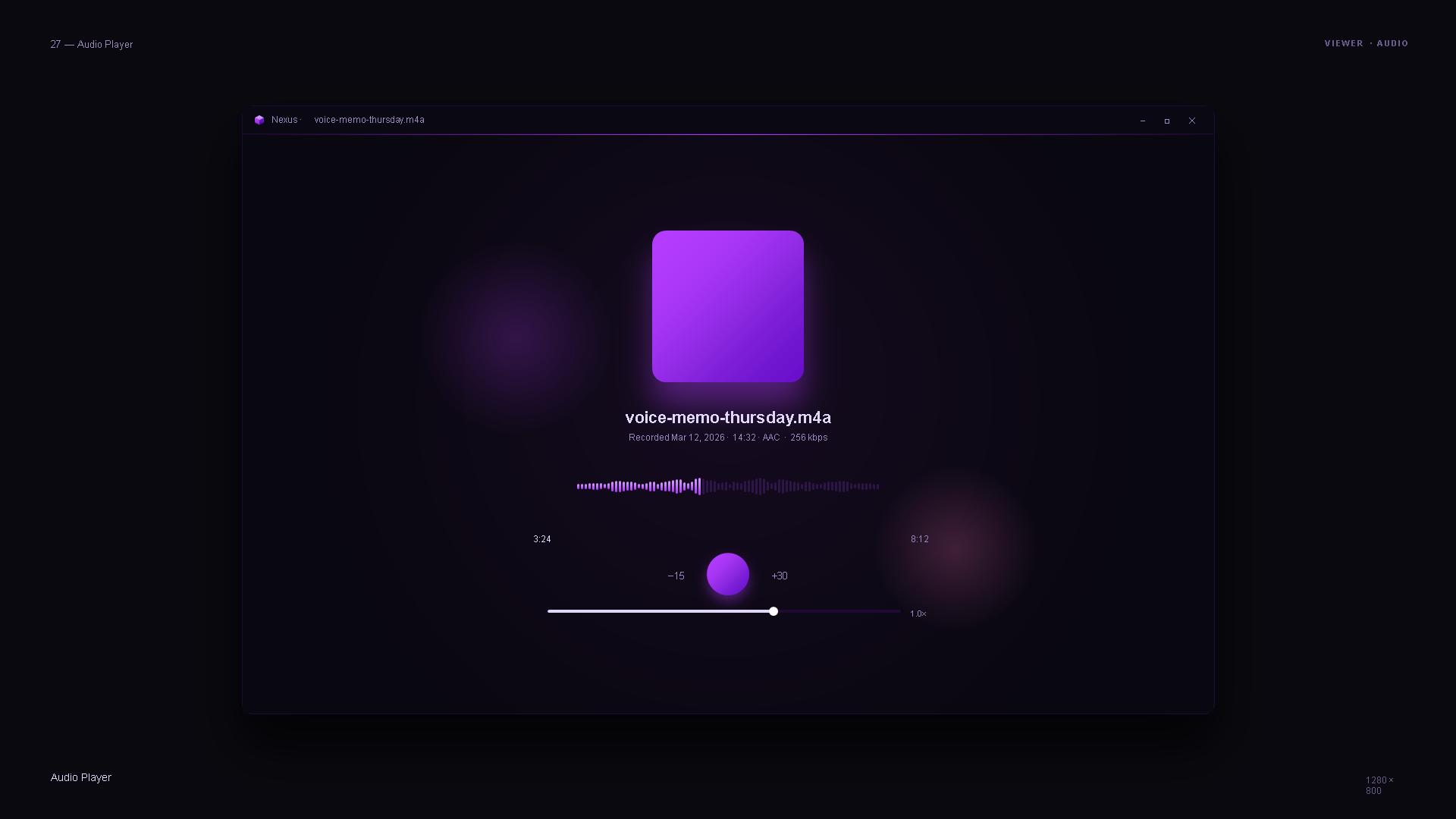 Nexus v11 Audio Player — centered purple album artwork, filename voice-memo-thursday.m4a, metadata line (Recorded Mar 12 2026 · 14:32 · AAC · 256 kbps), animated waveform, timestamps 3:24 / 8:12, transport controls with -15 rewind / play button / +30 skip, scrub bar, playback rate 1.0×.